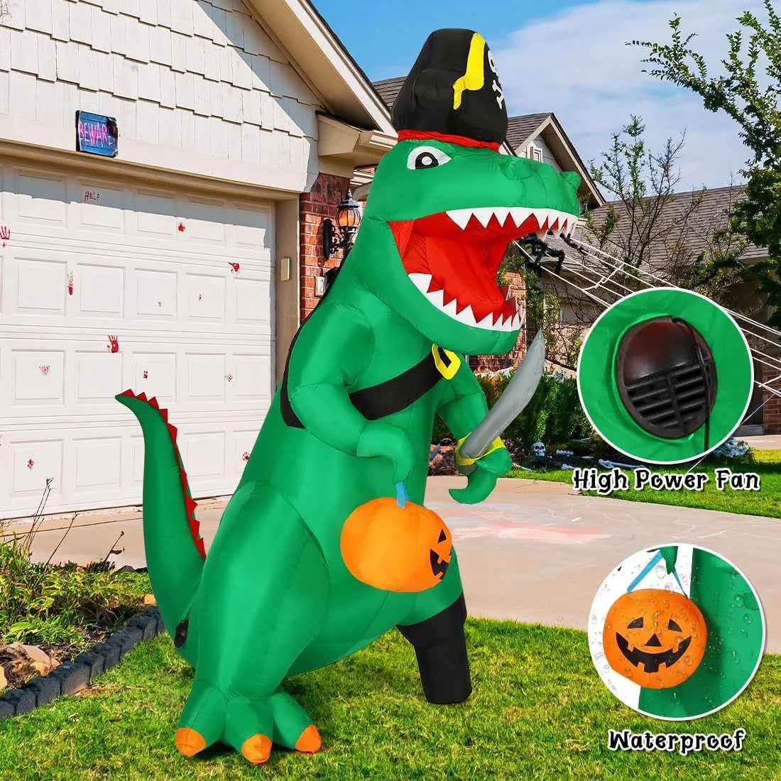 7FT Outdoor Halloween Decorations Halloween Dinosaur Inflatable, Halloween Inflatables Blow up Dinosaur, Green Pirate Dino Halloween Decorations Dinosaur Halloween Inflatable for Holiday/Party - BINZAAR