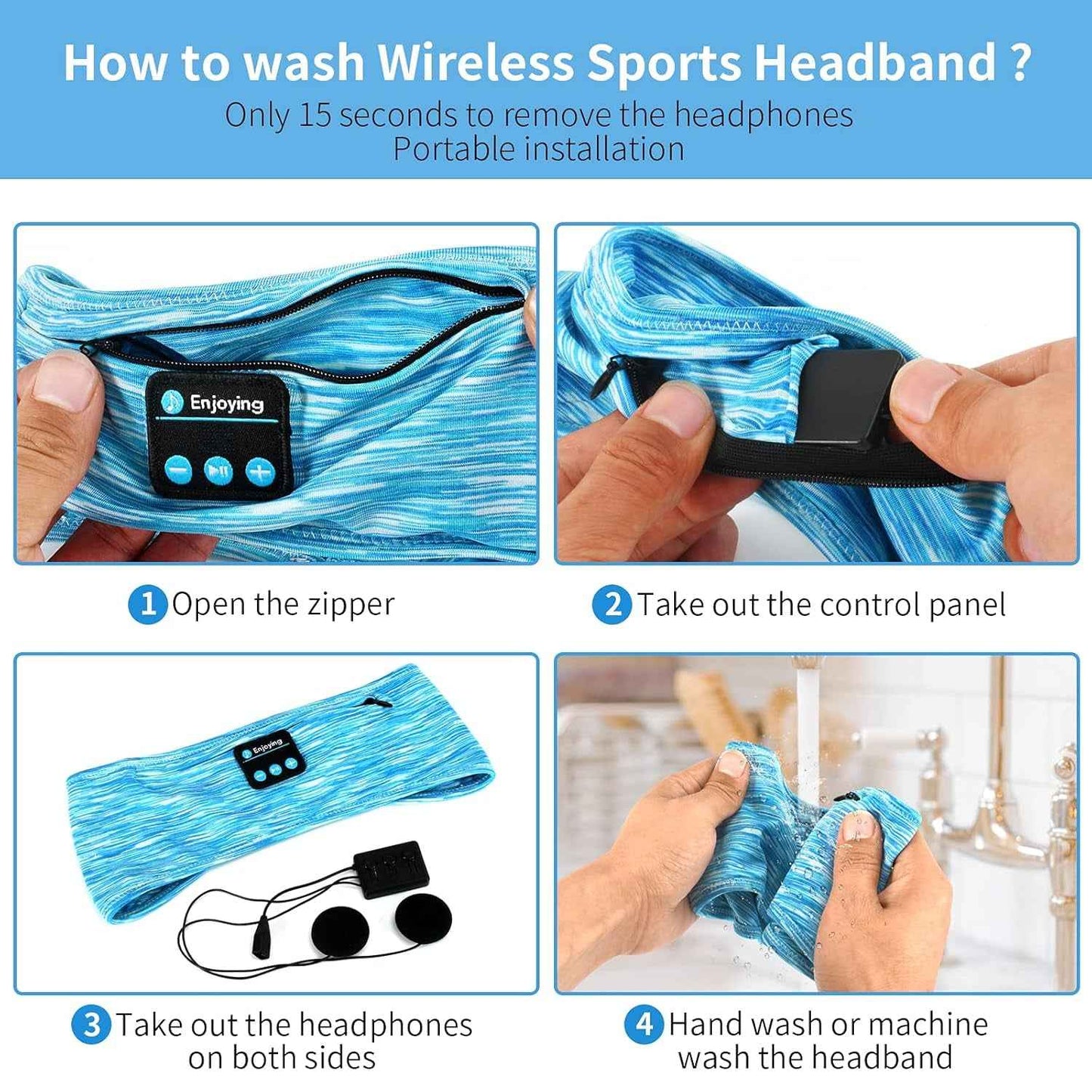 Sleep Headphones, Wireless Headband with Zip Pocket Wireless Music Sport Headbands with Ultra-Thin HD Stereo Speakers for Side Sleepers, Meditation,Relaxation and Sport(Blue) - BINZAAR