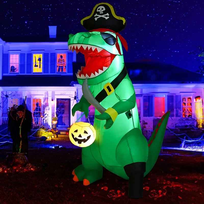 7FT Outdoor Halloween Decorations Halloween Dinosaur Inflatable, Halloween Inflatables Blow up Dinosaur, Green Pirate Dino Halloween Decorations Dinosaur Halloween Inflatable for Holiday/Party - BINZAAR