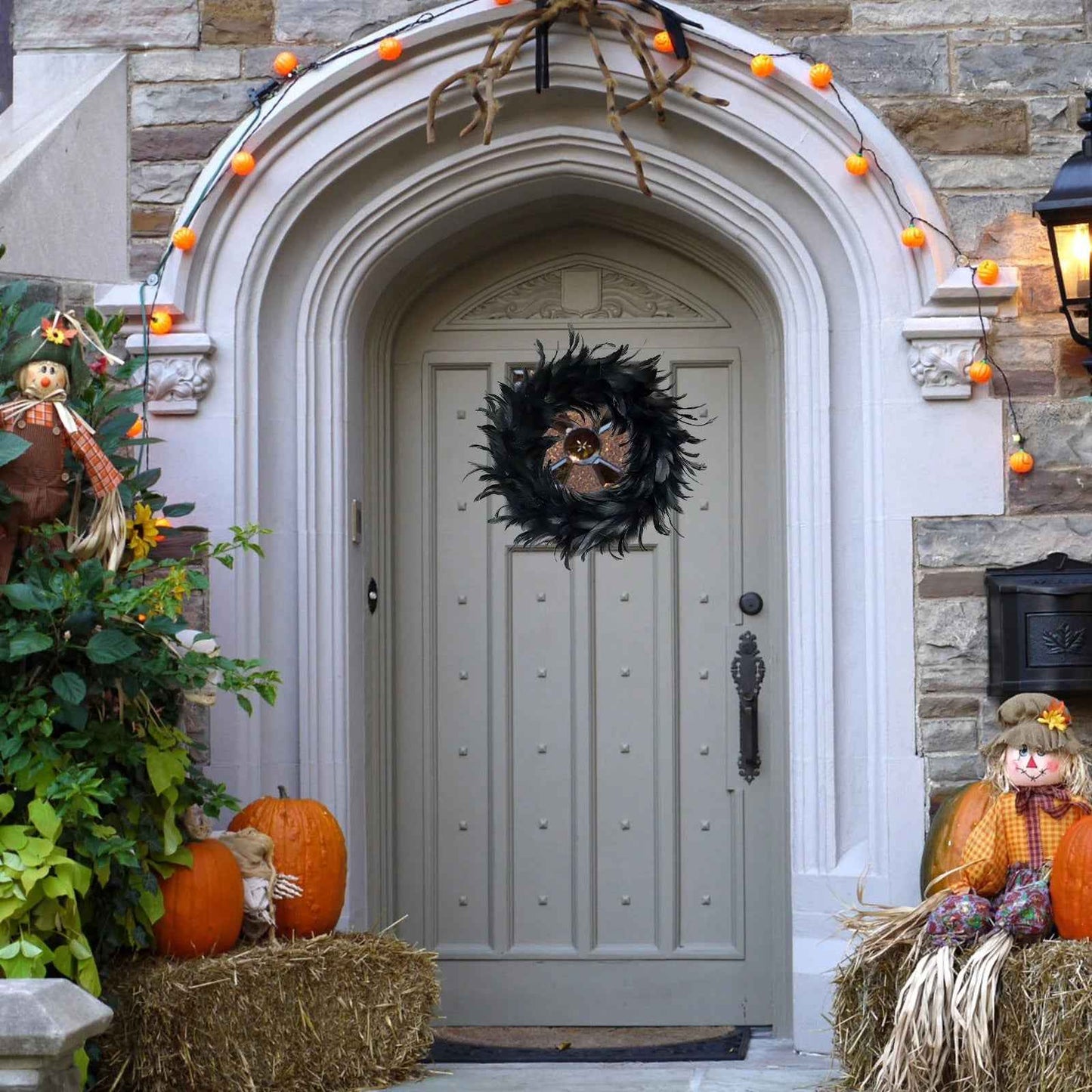 Halloween Door Wreath Black Feather Flower Wreath Wall Door Hanging Festival Party Decor Halloween Decorations - BINZAAR
