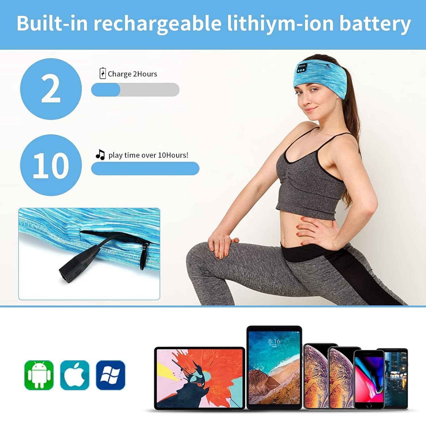 Sleep Headphones, Wireless Headband with Zip Pocket Wireless Music Sport Headbands with Ultra-Thin HD Stereo Speakers for Side Sleepers, Meditation,Relaxation and Sport(Blue) - BINZAAR