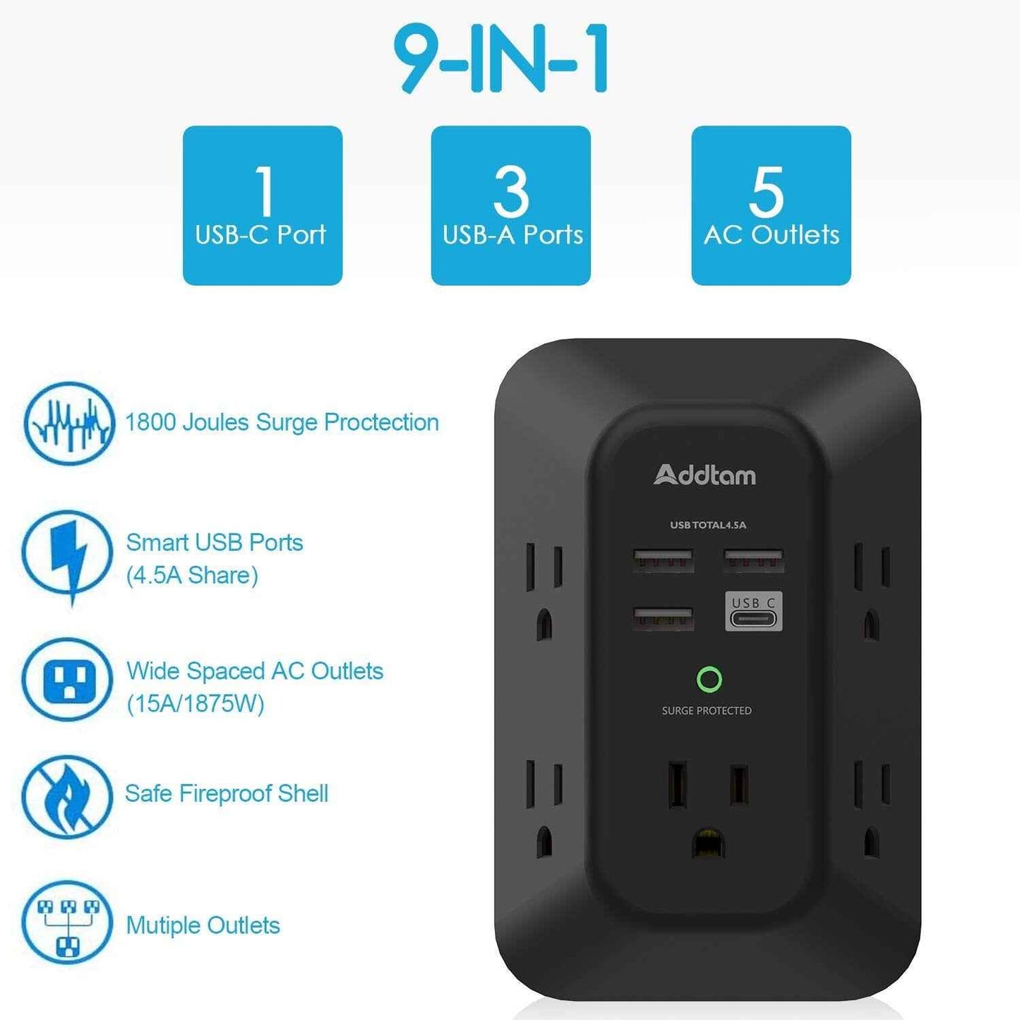 USB Wall Charger Surge Protector - 5 Outlet Extender with 4 USB Charging Ports - BINZAAR