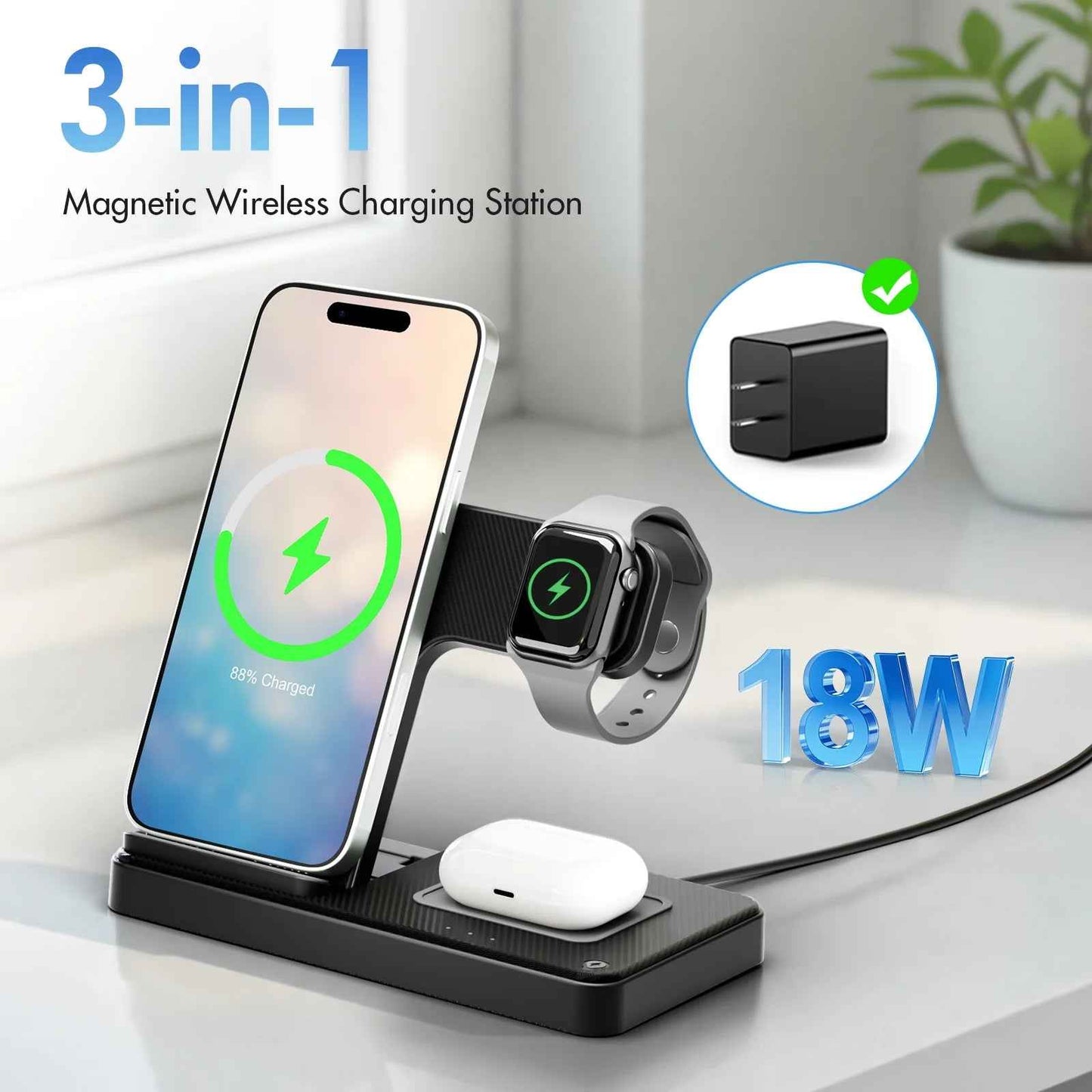 Wireless Charger, Magnetic Fast Charging Stand Compatible with Iphone 16 15 14 13 12 11 Pro Max plus XS XR X 8, for Apple Watch 9 8 7 6 5 4 3 2 SE, for Airpods 3 2 Pro, 3 in 1 Charging Station - BINZAAR