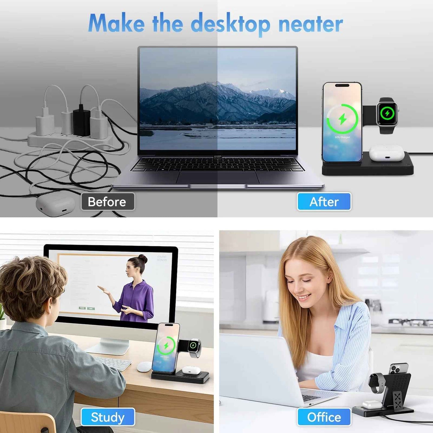 Wireless Charger, Magnetic Fast Charging Stand Compatible with Iphone 16 15 14 13 12 11 Pro Max plus XS XR X 8, for Apple Watch 9 8 7 6 5 4 3 2 SE, for Airpods 3 2 Pro, 3 in 1 Charging Station - BINZAAR
