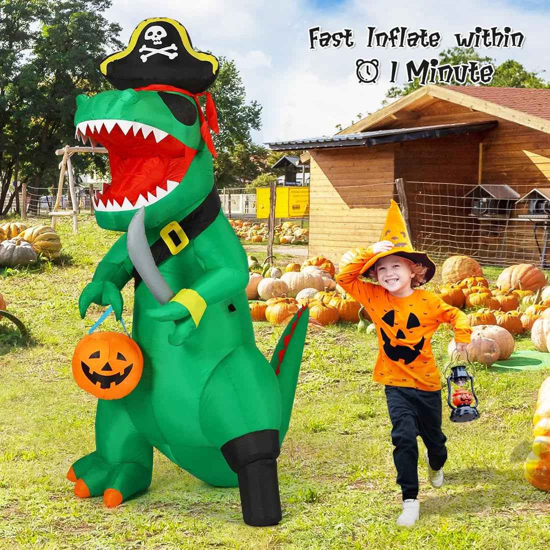 7FT Outdoor Halloween Decorations Halloween Dinosaur Inflatable, Halloween Inflatables Blow up Dinosaur, Green Pirate Dino Halloween Decorations Dinosaur Halloween Inflatable for Holiday/Party - BINZAAR
