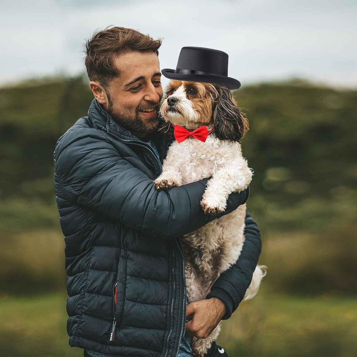 2 Pieces Pet Formal Accessories Set - Pet Top Hat with Pet Formal Necktie/Bowtie Birthday Party Gradation Halloween Costumes Accessories for Dog Cat (Red-A) One Size - BINZAAR