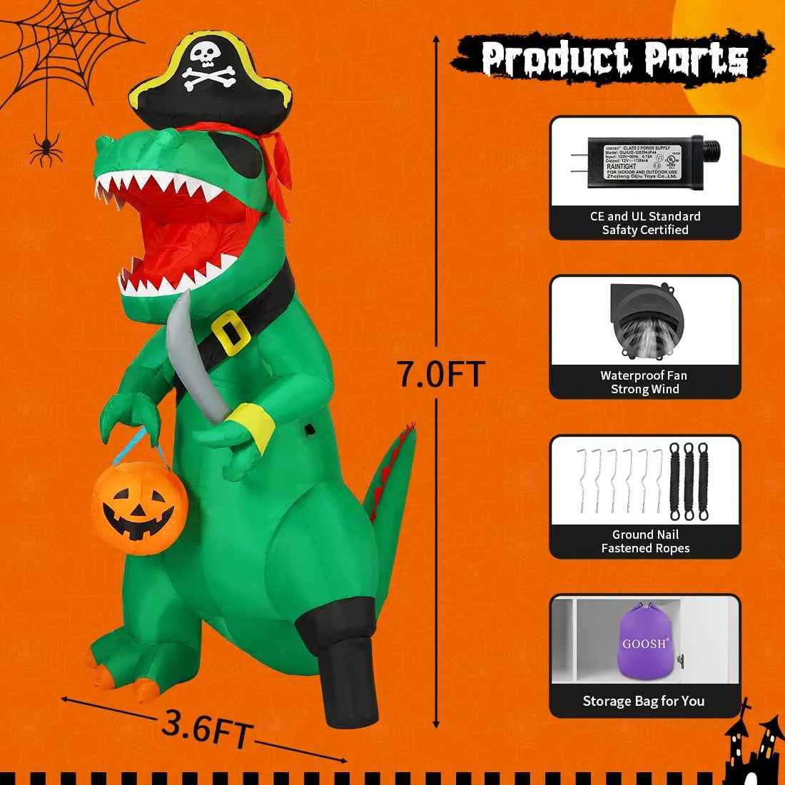 7FT Outdoor Halloween Decorations Halloween Dinosaur Inflatable, Halloween Inflatables Blow up Dinosaur, Green Pirate Dino Halloween Decorations Dinosaur Halloween Inflatable for Holiday/Party - BINZAAR