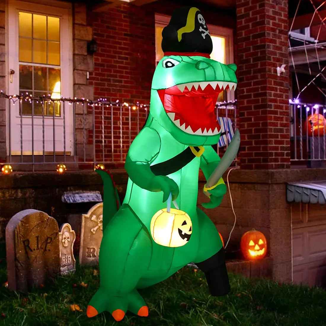 7FT Outdoor Halloween Decorations Halloween Dinosaur Inflatable, Halloween Inflatables Blow up Dinosaur, Green Pirate Dino Halloween Decorations Dinosaur Halloween Inflatable for Holiday/Party - BINZAAR