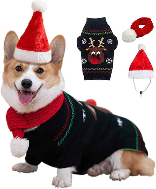 Dog Sweater with Santa Hat and Red Scarf for Dogs, Dog Christmas Sweater Pets Adjustable Santa Hat and Warm Winter Scarf for Dogs Cats Christmas Dressup - BINZAAR