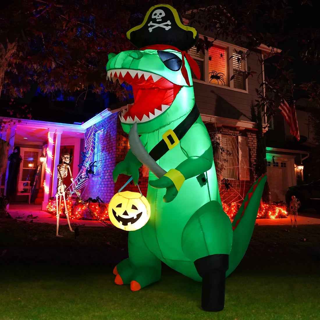 7FT Outdoor Halloween Decorations Halloween Dinosaur Inflatable, Halloween Inflatables Blow up Dinosaur, Green Pirate Dino Halloween Decorations Dinosaur Halloween Inflatable for Holiday/Party - BINZAAR