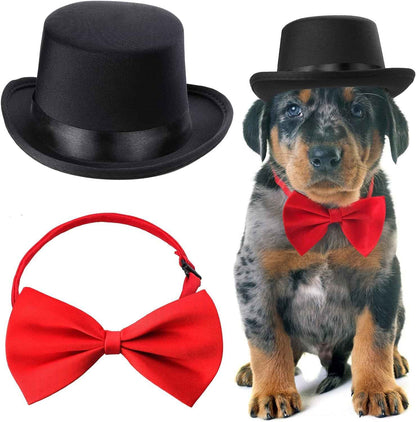 2 Pieces Pet Formal Accessories Set - Pet Top Hat with Pet Formal Necktie/Bowtie Birthday Party Gradation Halloween Costumes Accessories for Dog Cat (Red-A) One Size - BINZAAR