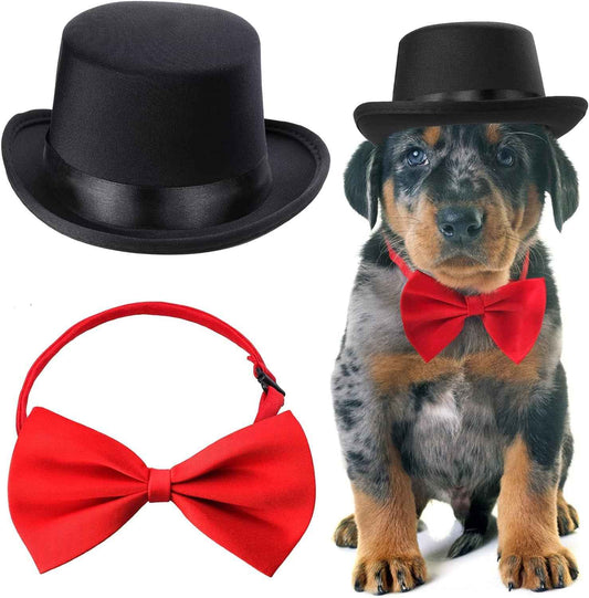 2 Pieces Pet Formal Accessories Set - Pet Top Hat with Pet Formal Necktie/Bowtie Birthday Party Gradation Halloween Costumes Accessories for Dog Cat (Red-A) One Size - BINZAAR