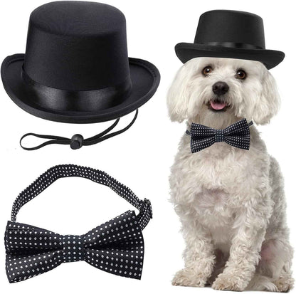 2 Pieces Pet Formal Accessories Set - Pet Top Hat with Pet Formal Necktie/Bowtie Birthday Party Gradation Halloween Costumes Accessories for Dog Cat (Black-B) One Size