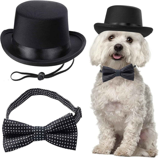 2 Pieces Pet Formal Accessories Set - Pet Top Hat with Pet Formal Necktie/Bowtie Birthday Party Gradation Halloween Costumes Accessories for Dog Cat (Black-B) One Size