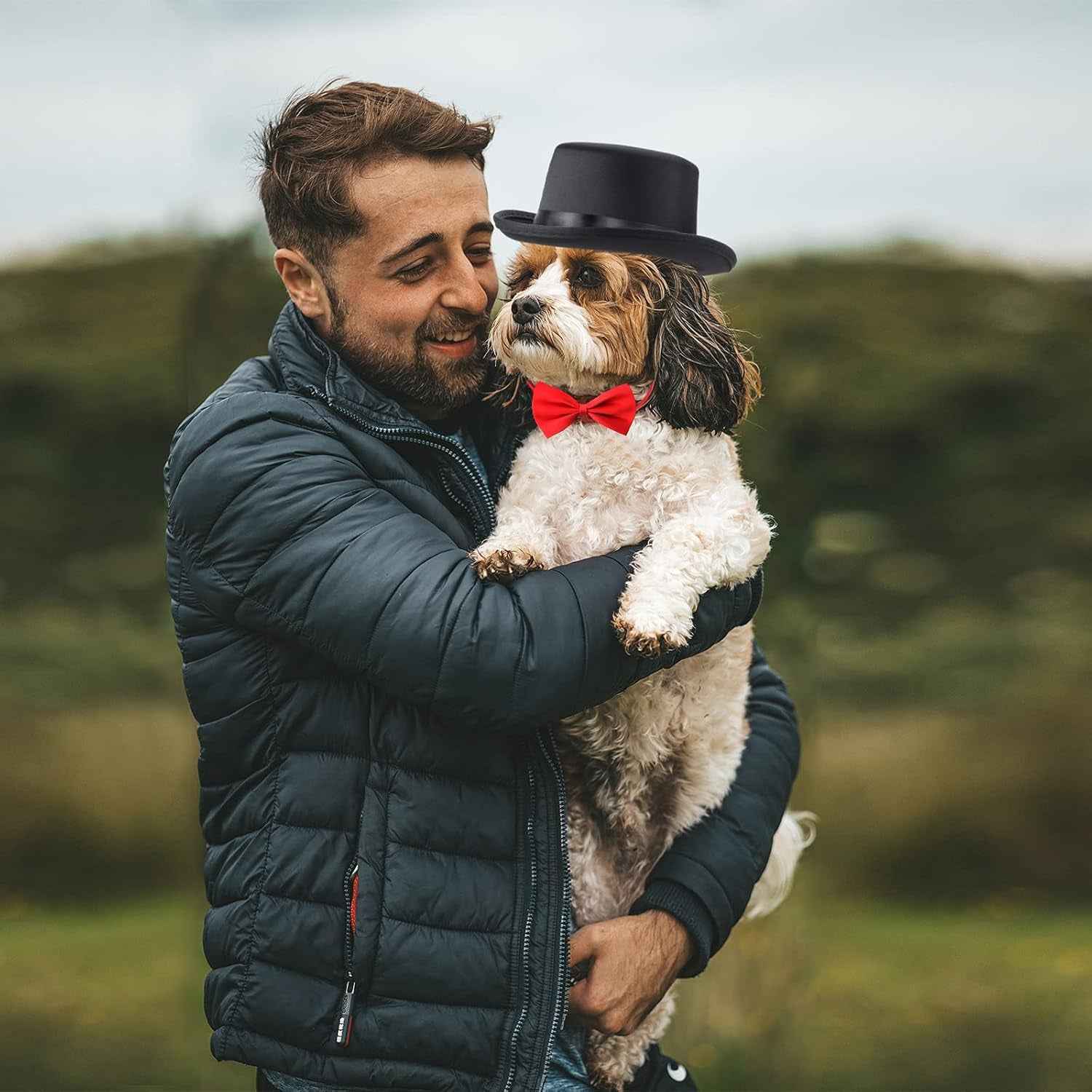 2 Pieces Pet Formal Accessories Set - Pet Top Hat with Pet Formal Necktie/Bowtie Birthday Party Gradation Halloween Costumes Accessories for Dog Cat (Red-A) One Size - BINZAAR